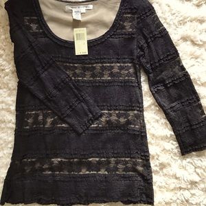 Max Studio Black lace T-shirt - NWT - nude lining. 3/4 sleeves, nylon w spandex